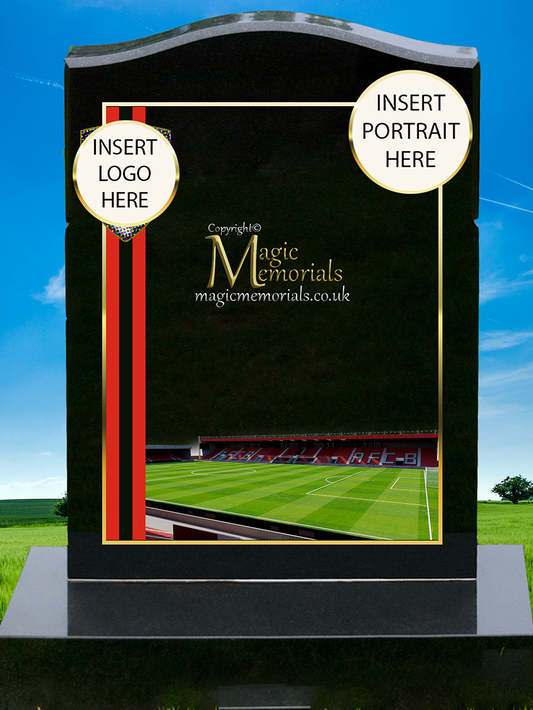AFC Bournemouth Supporter Memorial Headstone crafted from premium granite, featuring high-resolution images and a personalised inscription. A meaningful tribute for devoted Cherries fans, fully customisable with names, dates, and heartfelt messages.