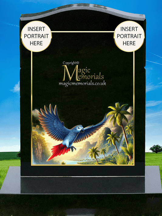 Parrot memorial headstone crafted from premium granite, featuring a beautifully engraved parrot perched on a branch or in flight. A heartfelt tribute symbolising joy, intelligence, and companionship.
