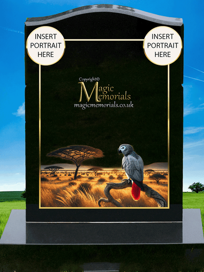 Parrot memorial headstone crafted from premium granite, featuring a beautifully engraved parrot perched on a branch or in flight. A heartfelt tribute symbolising joy, intelligence, and companionship.