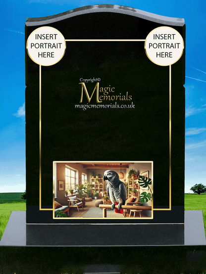 Parrot memorial headstone crafted from premium granite, featuring a beautifully engraved parrot perched on a branch or in flight. A heartfelt tribute symbolising joy, intelligence, and companionship.