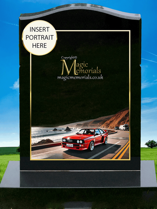 German Car Enthusiast Memorial Headstone crafted from premium granite, featuring a beautifully engraved Mercedes-Benz, BMW, Audi, Porsche, or Volkswagen. A meaningful tribute for German car lovers, fully customisable with inscriptions and artwork.