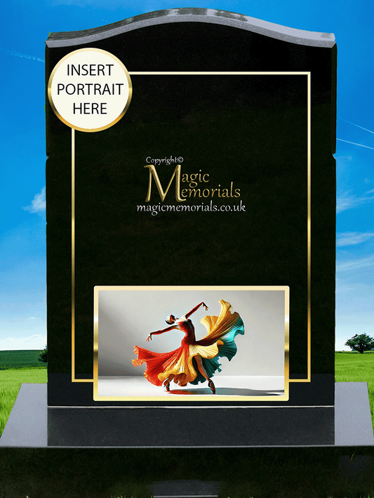 Dancer memorial headstone crafted from premium granite, featuring high-resolution dance imagery and personalised inscriptions. An elegant tribute for dancers and those who loved the art of movement.