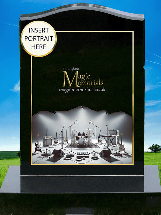 Musician memorial headstone made from premium granite, featuring high-resolution musical imagery and a personalised inscription. A fitting and timeless tribute for musicians and music lovers.