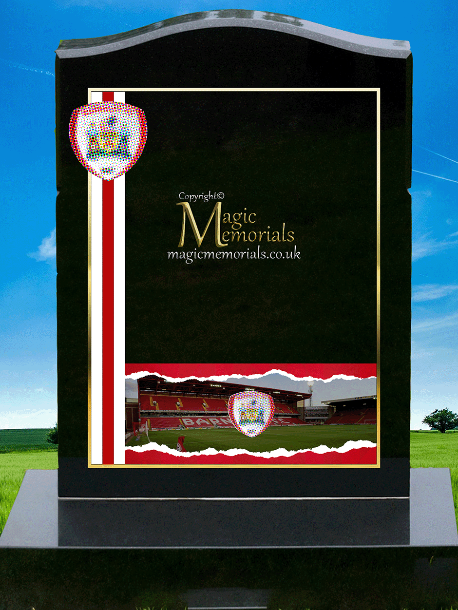 Barnsley FC Supporter Memorial Headstone crafted from premium granite, featuring high-resolution images and a personalised inscription. A meaningful tribute for devoted Tykes fans, fully customisable with names, dates, and heartfelt messages.