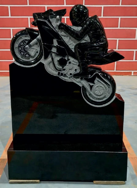Bespoke granite motorcycle and rider memorial sculpture