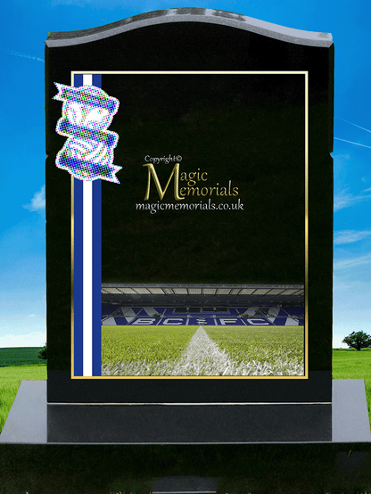 Birmingham City Supporter Memorial Headstone crafted from premium granite, featuring high-resolution images and a personalised inscription. A meaningful tribute for devoted Bluenose fans, fully customisable with names, dates, and heartfelt messages.