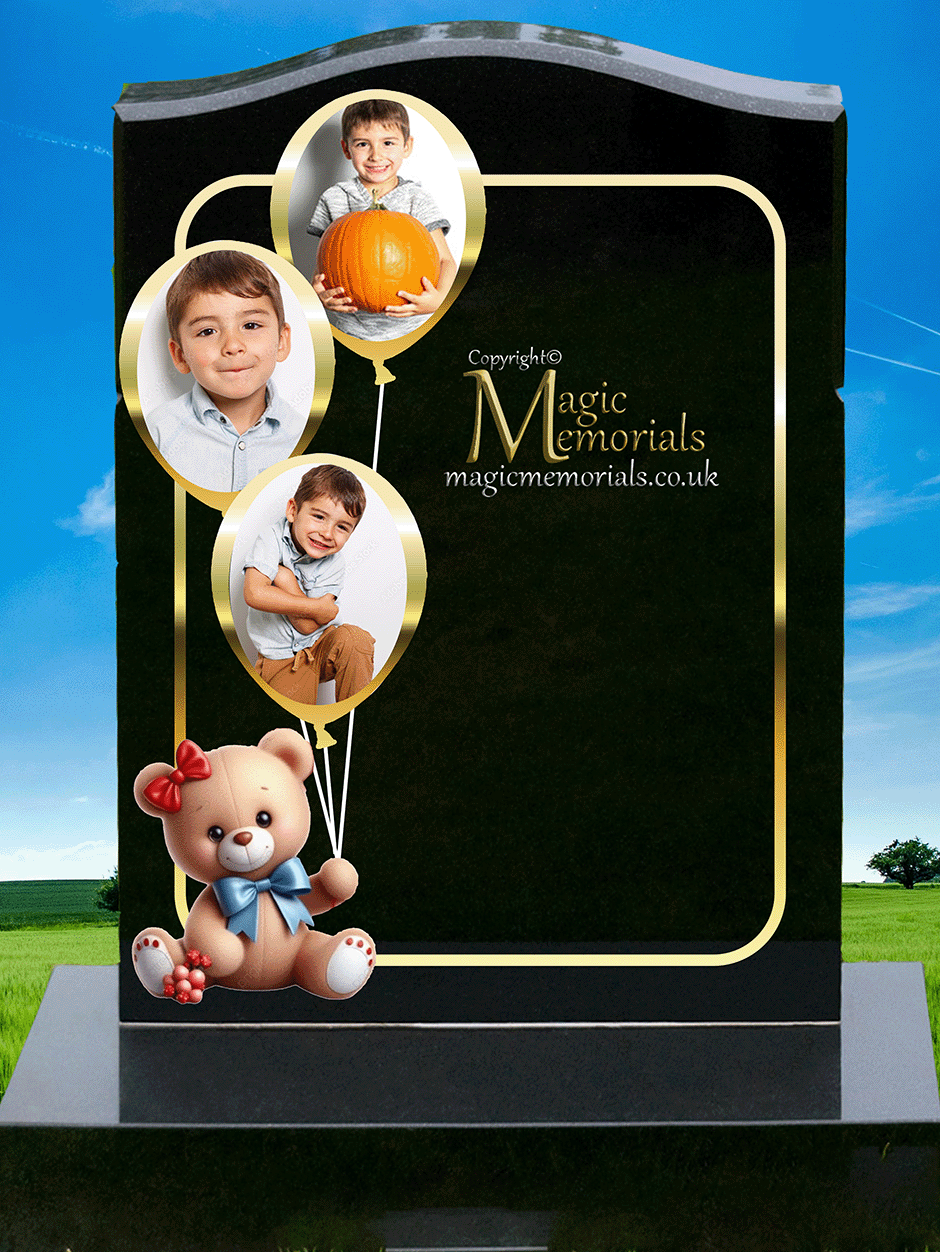 Children’s memorial headstone crafted from premium granite, featuring a colourful balloon design and personalised inscriptions. A gentle, uplifting tribute to honour young lives.