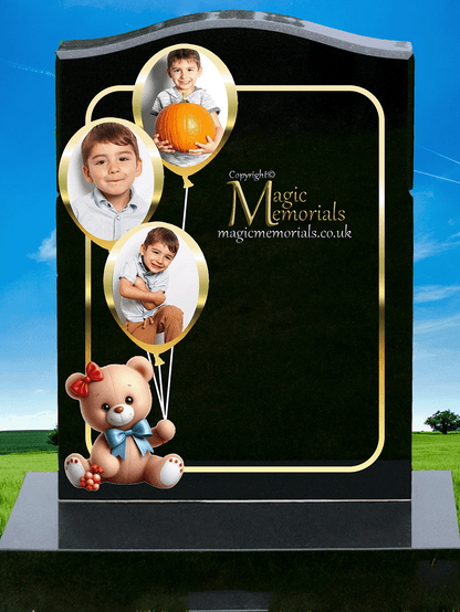 Children’s memorial headstone crafted from premium granite, featuring a colourful balloon design and personalised inscriptions. A gentle, uplifting tribute to honour young lives.
