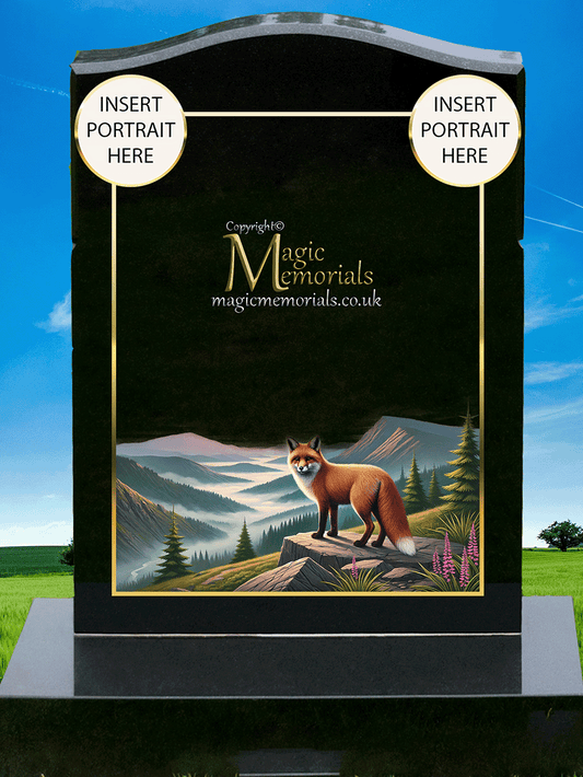 British Wild Animal Memorial Headstone crafted from premium granite, featuring a detailed engraving of native wildlife such as a fox, deer, owl, or badger. A lasting tribute for nature lovers and outdoor enthusiasts.