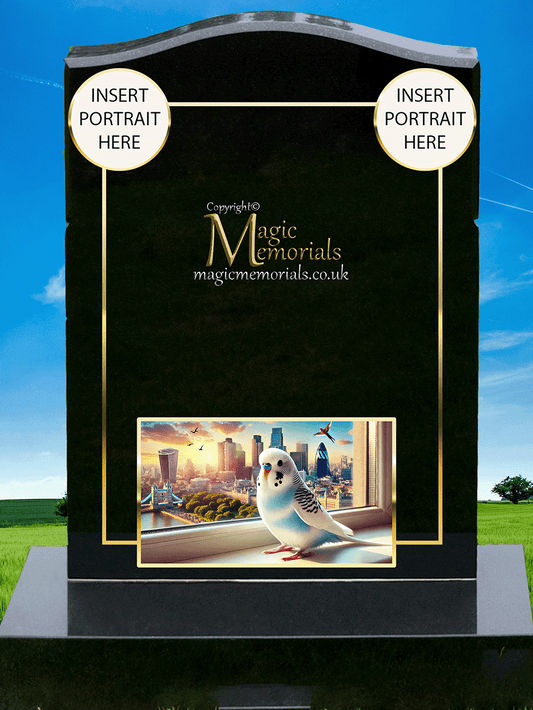 Budgie memorial headstone crafted from premium granite, featuring a beautifully engraved budgie perched or in flight. A heartfelt tribute for budgie lovers, celebrating their love for these cherished birds.
