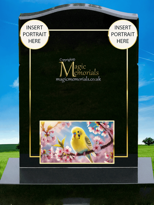 Budgie memorial headstone crafted from premium granite, featuring a beautifully engraved budgie perched or in flight. A heartfelt tribute for budgie lovers, celebrating their love for these cherished birds.