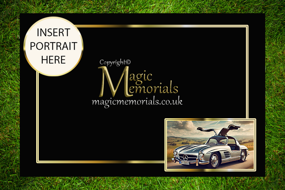 Granite cremation tablet for a car enthusiast, with personalised inscription and custom vehicle artwork added after order. A respectful tribute to a passionate motor lover.