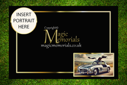 Granite cremation tablet for a car enthusiast, with personalised inscription and custom vehicle artwork added after order. A respectful tribute to a passionate motor lover.