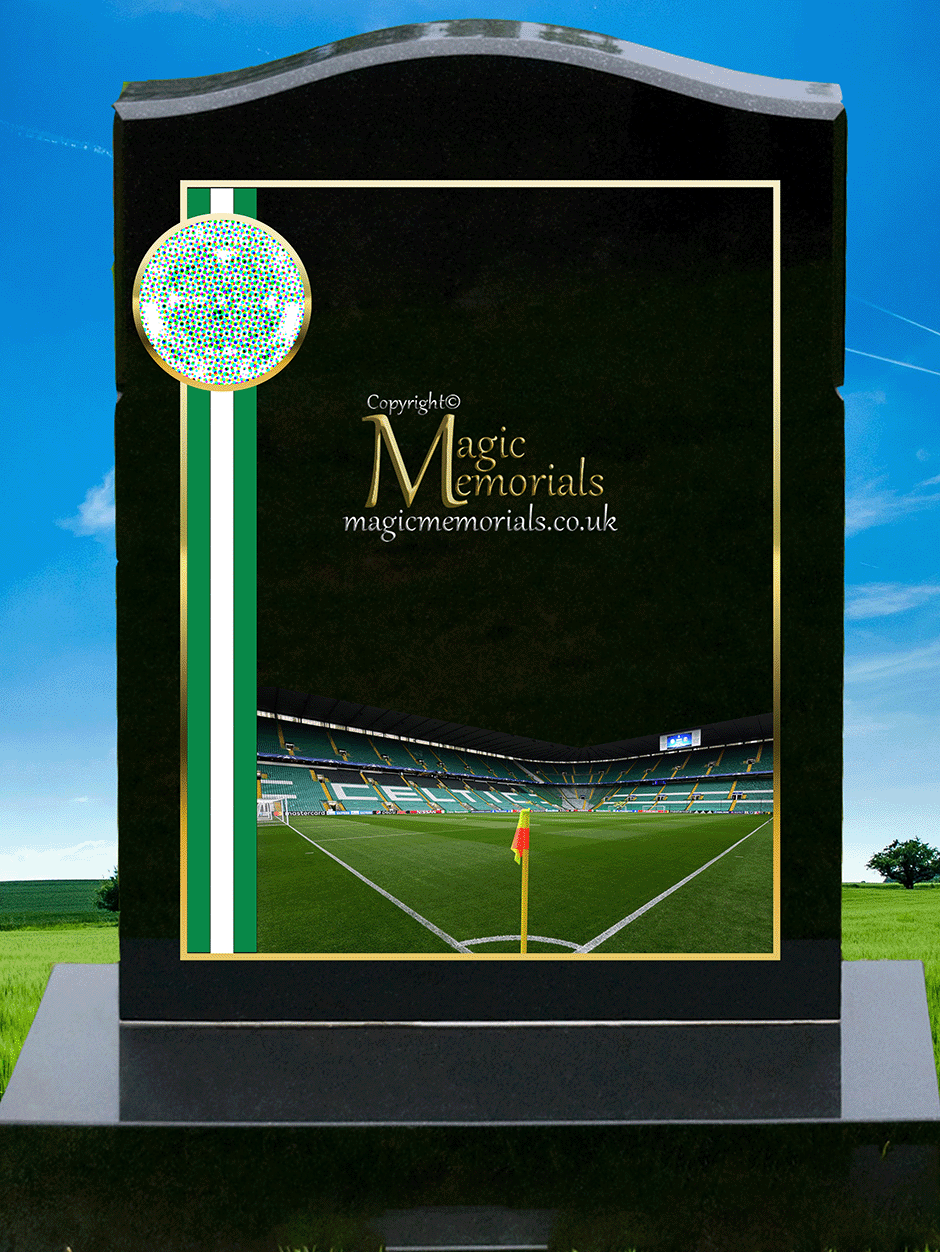 Celtic FC Supporter Memorial Headstone crafted from premium granite, featuring high-resolution images and a personalised inscription. A meaningful tribute for devoted Hoops fans, fully customisable with names, dates, and heartfelt messages.