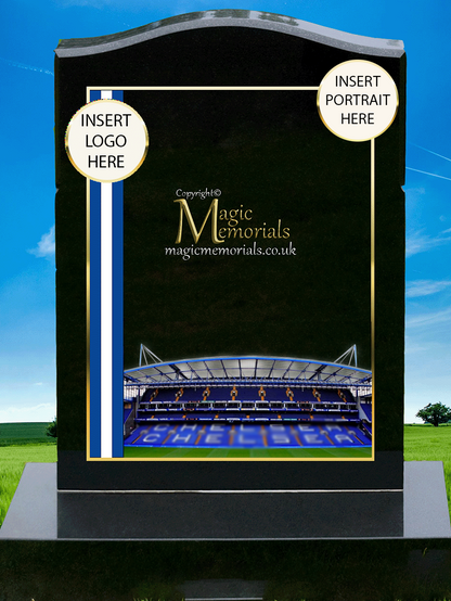 Chelsea FC Supporter Memorial Headstone crafted from premium granite, featuring high-resolution images and a personalised inscription. A meaningful tribute for devoted Blues fans, fully customisable with names, dates, and heartfelt messages.