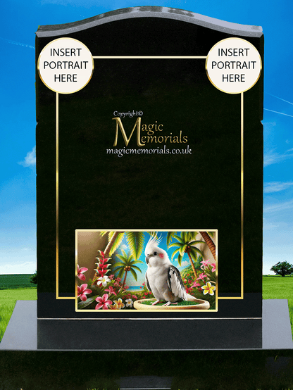 Cockatiel & Cockatoo Memorial Headstone crafted from premium granite, featuring a beautifully engraved cockatiel or cockatoo. A heartfelt tribute for a bird lover, symbolising their passion and connection to these intelligent and affectionate birds.