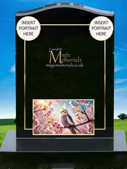 Cockatiel & Cockatoo Memorial Headstone crafted from premium granite, featuring a beautifully engraved cockatiel or cockatoo. A heartfelt tribute for a bird lover, symbolising their passion and connection to these intelligent and affectionate birds.