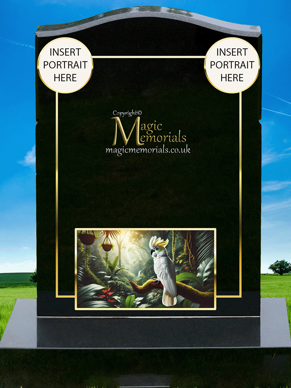 Cockatiel & Cockatoo Memorial Headstone crafted from premium granite, featuring a beautifully engraved cockatiel or cockatoo. A heartfelt tribute for a bird lover, symbolising their passion and connection to these intelligent and affectionate birds.