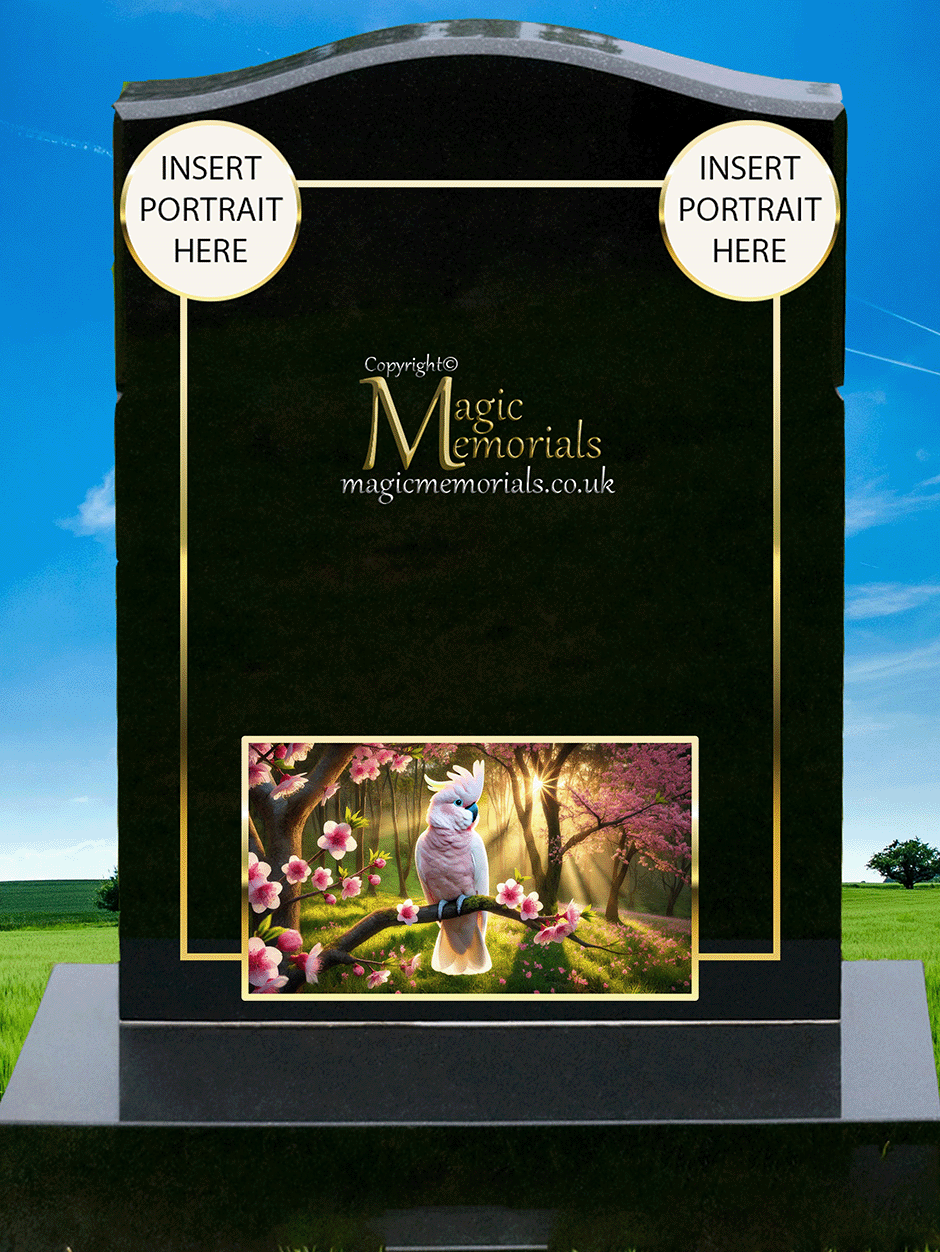 Cockatiel & Cockatoo Memorial Headstone crafted from premium granite, featuring a beautifully engraved cockatiel or cockatoo. A heartfelt tribute for a bird lover, symbolising their passion and connection to these intelligent and affectionate birds.