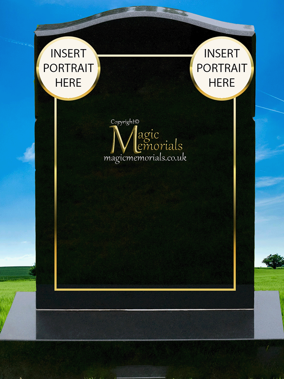 Custom memorial headstone example featuring personalised photographs and bespoke artwork. Fully customisable with your own design, portraits, and inscription on premium granite.