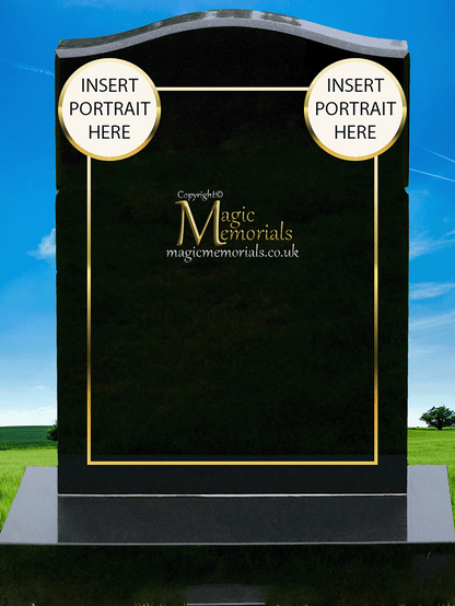 Custom memorial headstone example featuring personalised photographs and bespoke artwork. Fully customisable with your own design, portraits, and inscription on premium granite.