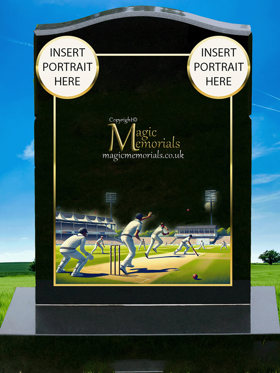 Cricket memorial headstone crafted from premium granite, featuring high-resolution imagery of cricket bats, stumps, and a personalised inscription. A fitting tribute for a player, fan, or lifelong follower of the game.