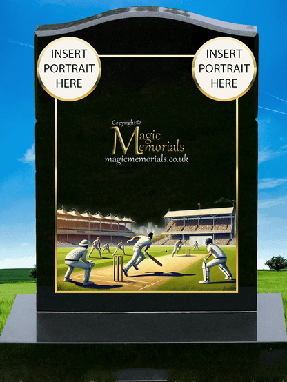 Cricket memorial headstone crafted from premium granite, featuring high-resolution imagery of cricket bats, stumps, and a personalised inscription. A fitting tribute for a player, fan, or lifelong follower of the game.