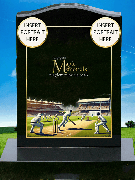 Cricket memorial headstone crafted from premium granite, featuring high-resolution imagery of cricket bats, stumps, and a personalised inscription. A fitting tribute for a player, fan, or lifelong follower of the game.