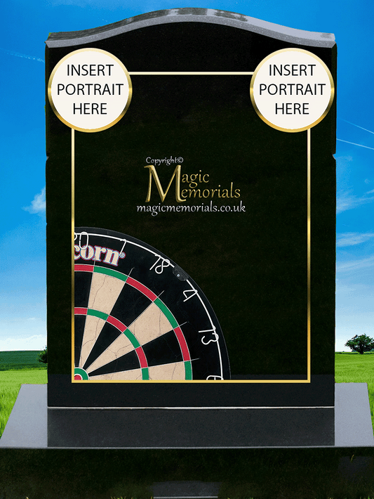 Darts memorial headstone crafted from premium granite, featuring high-resolution imagery of dartboards, darts, and personalised inscriptions. A fitting tribute for darts players and enthusiasts.