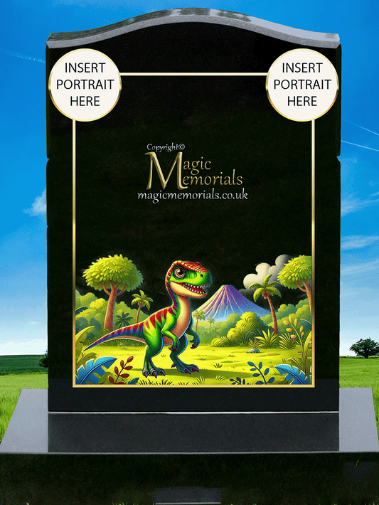 Children’s dinosaur-themed memorial headstone crafted from premium granite, featuring friendly dinosaur imagery and personalised inscriptions. A gentle tribute honouring a young dinosaur enthusiast.