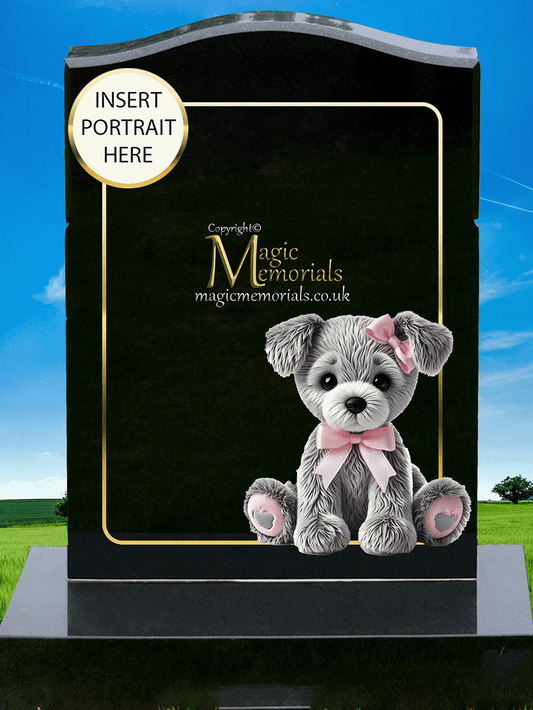 Children’s teddy bear-themed memorial headstone crafted from premium granite, featuring gentle teddy bear imagery and personalised inscriptions. A comforting and warm tribute to honour a child’s memory.