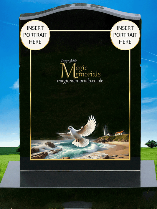 Dove memorial headstone crafted from premium granite, featuring a beautifully engraved dove in flight or at rest. A timeless tribute symbolising peace, love, and eternal serenity.