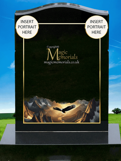 Eagle memorial headstone crafted from premium granite, featuring a detailed engraving of an eagle in flight or at rest. A powerful tribute symbolising strength, freedom, and resilience.