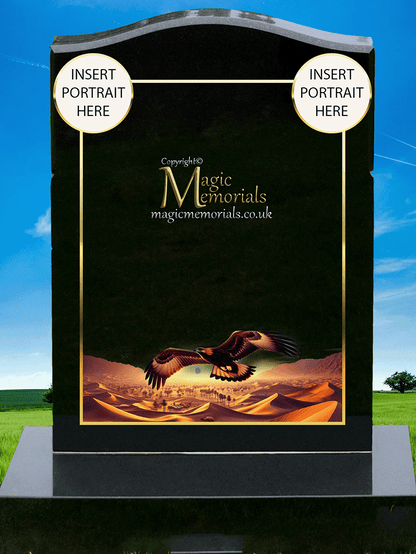 Eagle memorial headstone crafted from premium granite, featuring a detailed engraving of an eagle in flight or at rest. A powerful tribute symbolising strength, freedom, and resilience.
