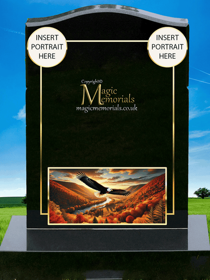 Eagle memorial headstone crafted from premium granite, featuring a detailed engraving of an eagle in flight or at rest. A powerful tribute symbolising strength, freedom, and resilience.