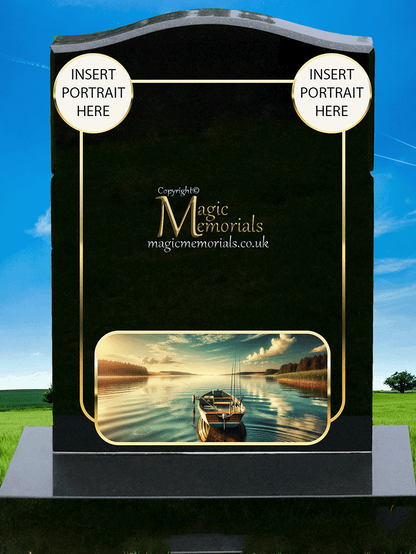 Custom granite memorial headstone for a fisherman, featuring high-resolution fishing imagery and a personalised inscription. A peaceful tribute to a life spent by the water.