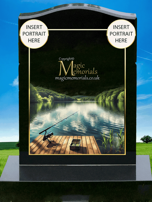 Custom granite memorial headstone for a fisherman, featuring high-resolution fishing imagery and a personalised inscription. A peaceful tribute to a life spent by the water.