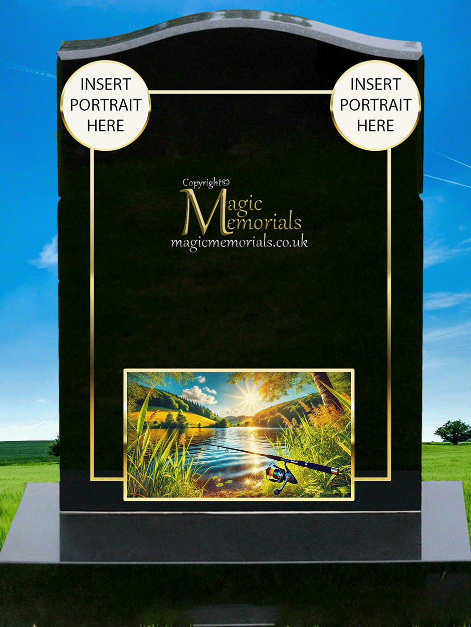Custom granite memorial headstone for a fisherman, featuring high-resolution fishing imagery and a personalised inscription. A peaceful tribute to a life spent by the water