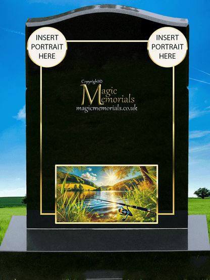 Custom granite memorial headstone for a fisherman, featuring high-resolution fishing imagery and a personalised inscription. A peaceful tribute to a life spent by the water