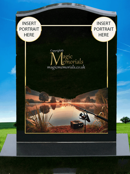 Custom granite memorial headstone for a fisherman, featuring high-resolution fishing imagery and a personalised inscription. A peaceful tribute to a life spent by the water
