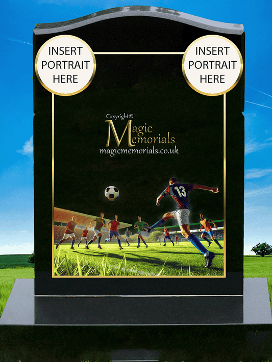Football memorial headstone crafted from premium granite, featuring high-resolution football imagery and a personalised inscription. A perfect tribute for a fan or player of the beautiful game.