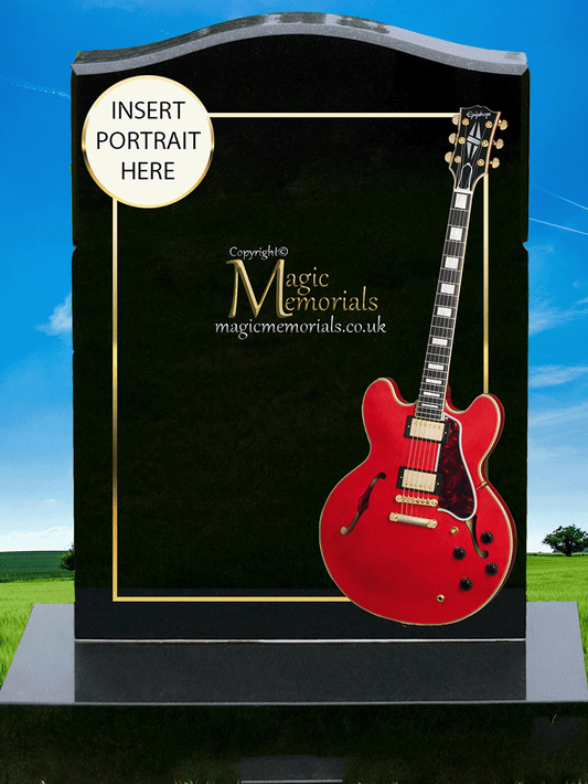 Guitarist memorial headstone crafted from premium granite, featuring high-resolution guitar imagery and personalised inscriptions. A fitting tribute for musicians and guitar lovers.