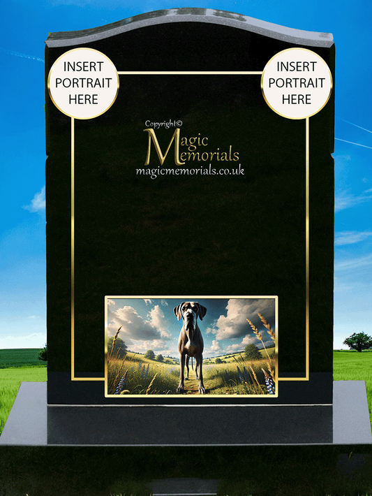 Great Dane Lover Memorial Headstone made from premium granite, featuring high-resolution Great Dane imagery and personalised inscriptions. A heartfelt tribute for those who loved these gentle giants.

