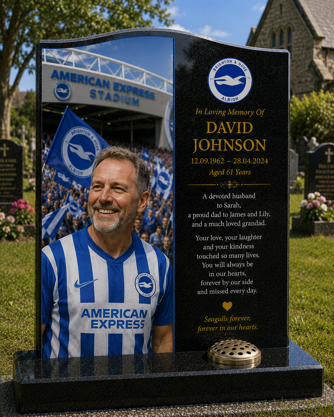 Brighton & Hove Albion Football Headstone Memorial Design 1, personalised memorial design by Magic Memorials, HD0568