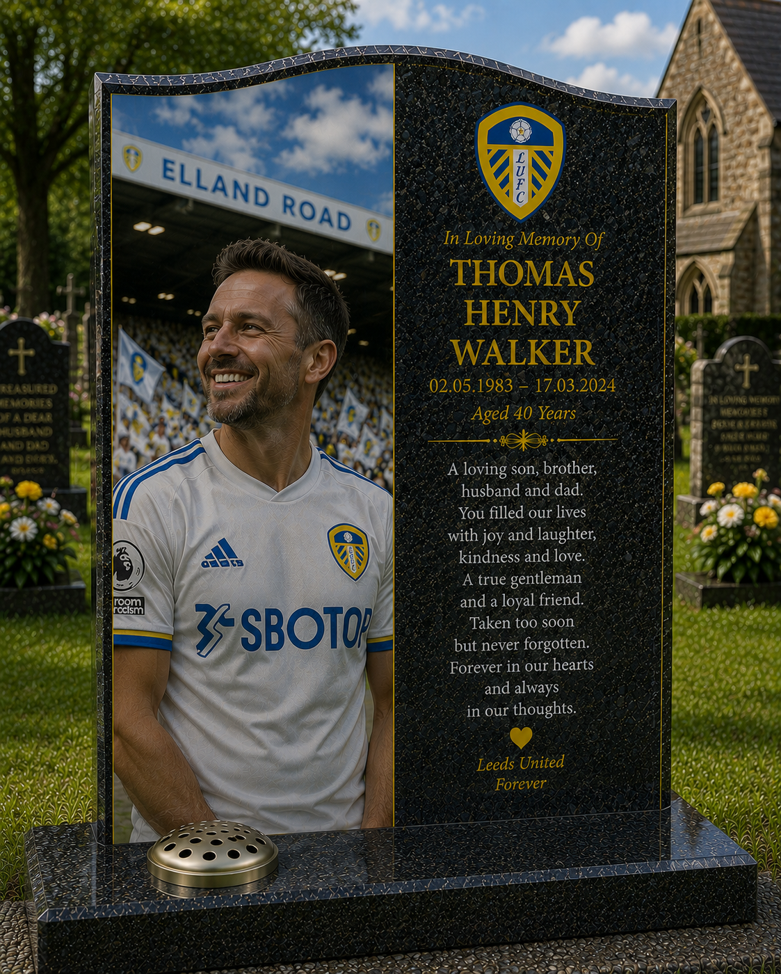 Leeds United Football Headstone Memorial Design 1, personalised memorial design by Magic Memorials, HD0570