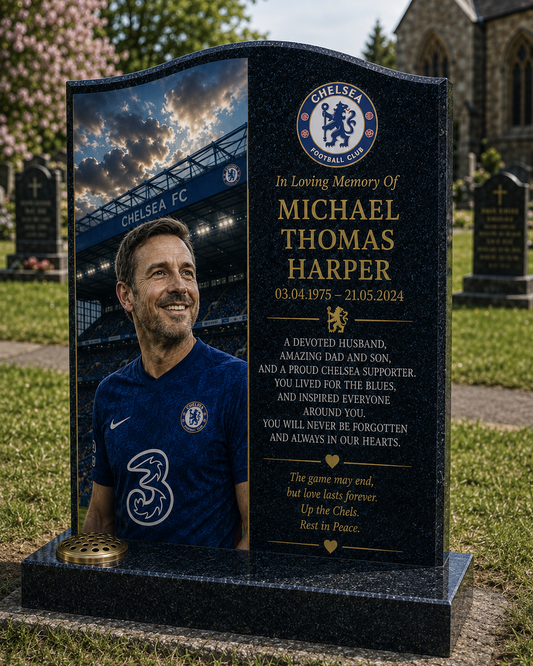 Chelsea Football Headstone Memorial Design 2, personalised memorial design by Magic Memorials, HD0573