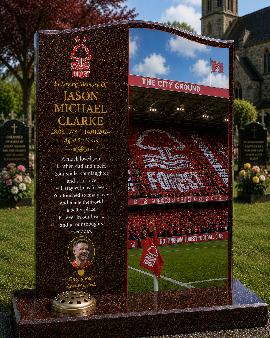 Nottingham Forest Football Headstone Memorial Design 2, personalised memorial design by Magic Memorials, HD0578