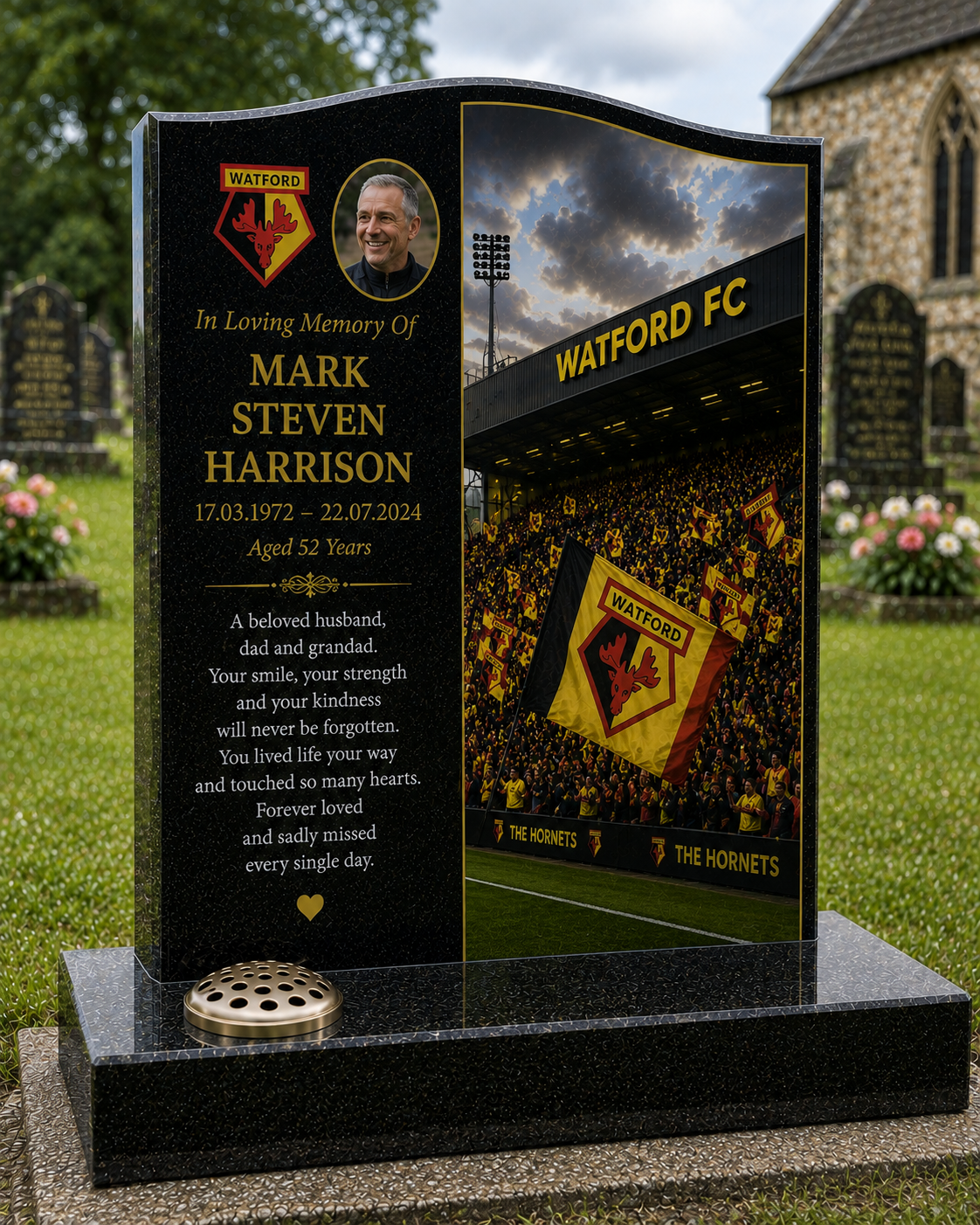 Watford Football Headstone Memorial Design 1, personalised memorial design by Magic Memorials, HD0579