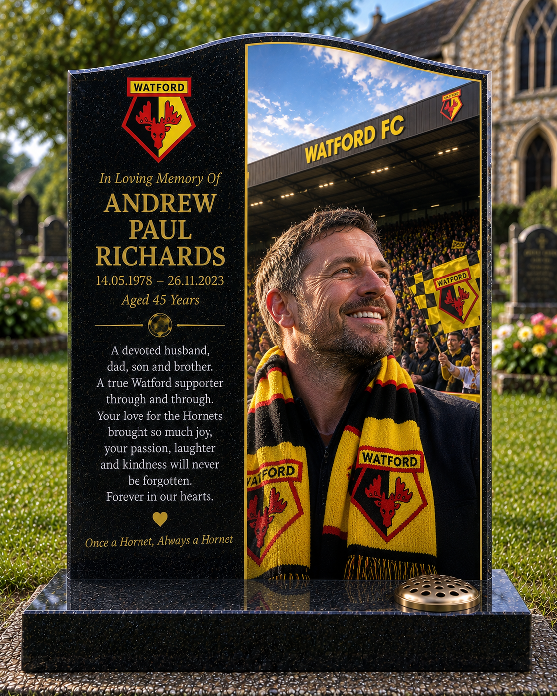 Watford Football Headstone Memorial Design 3, personalised memorial design by Magic Memorials, HD0581
