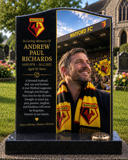 Watford Football Headstone Memorial Design 3, personalised memorial design by Magic Memorials, HD0581